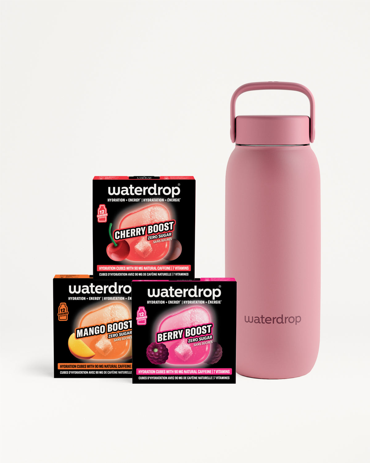 Paquetes surtidos de Waterdrop y una botella reutilizable rosa.