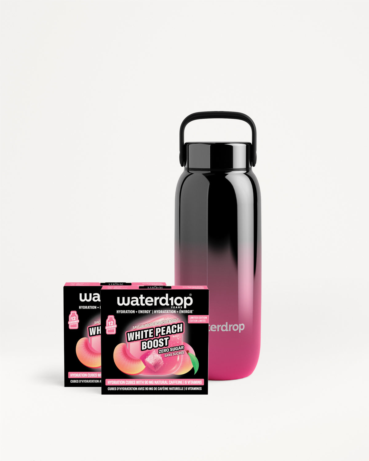 Botella reutilizable con degradado negro a rosa junto a dos paquetes Waterdrop.