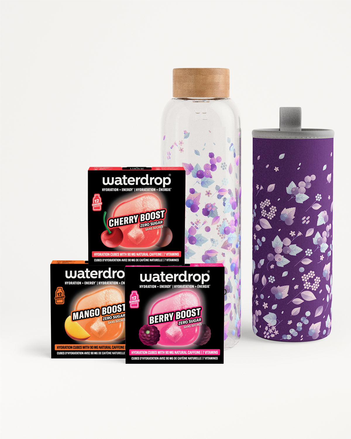 Paquetes de sabor Waterdrop y una botella morada con diseño floral.