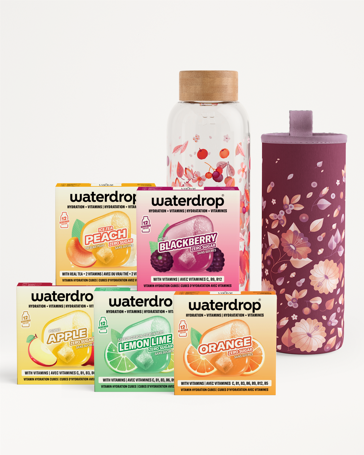 Lote de envases de concentrados de sabor y una botella de vidrio con corcho y funda floral.
