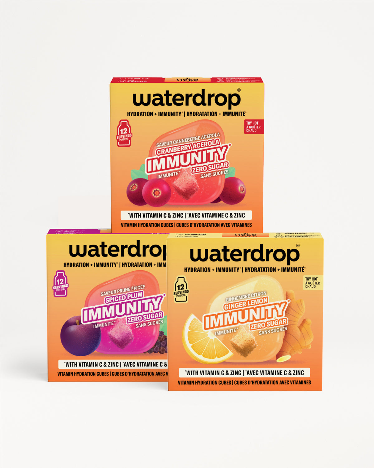 Tres cajas Waterdrop Immunity apiladas en forma de pirámide sobre fondo blanco.