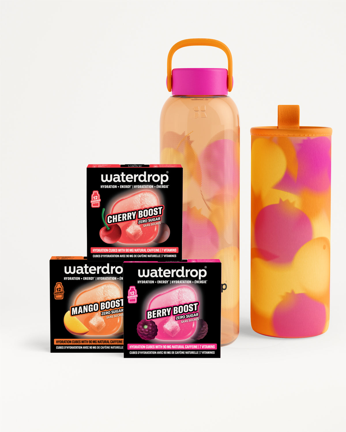 Paquetes variados de potenciadores de sabor y dos botellas reutilizables con diseño marmolado.