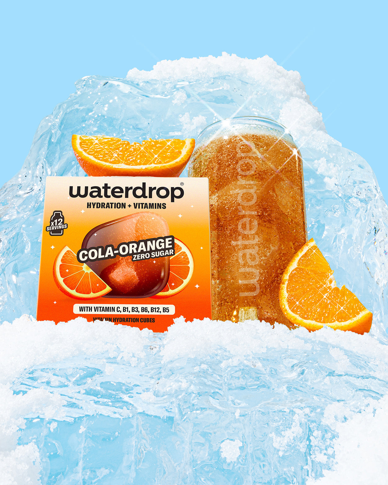 Frosted Soda Glass Gift Set: Cola-Orange vitamin cubes with fizzing drink.