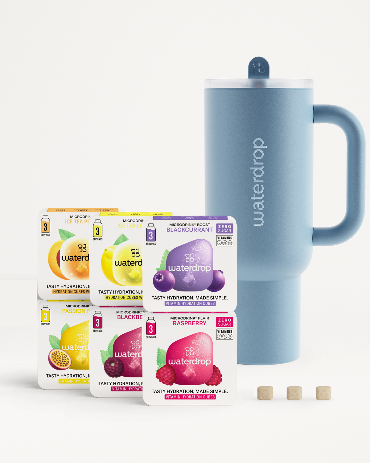 Starter Set Explorer Thermo Tumbler with six Microdrink flavors.