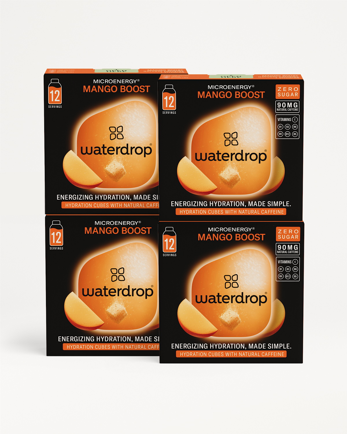 Microenergy 3+1 Mango Boost hydration cubes, zero-sugar, caffeinated.
