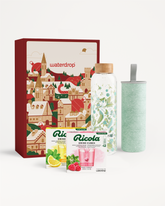 Ricola Glass Gift Set with bottle, sleeve, and drink cubes.
