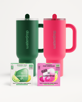 Naughty or Nice Hydration Set with insulated mugs and vitamin cubes.