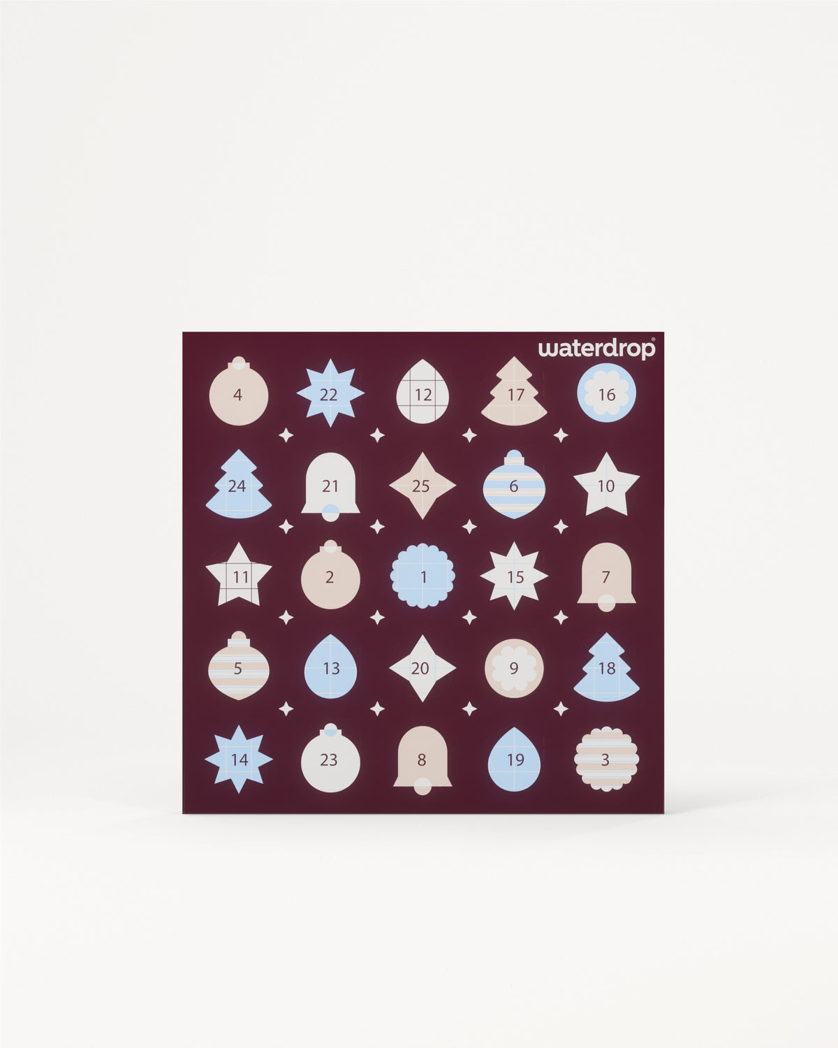 Calendario de Adviento con 24 puertas numeradas en un cuadrado morado oscuro sobre un fondo claro.