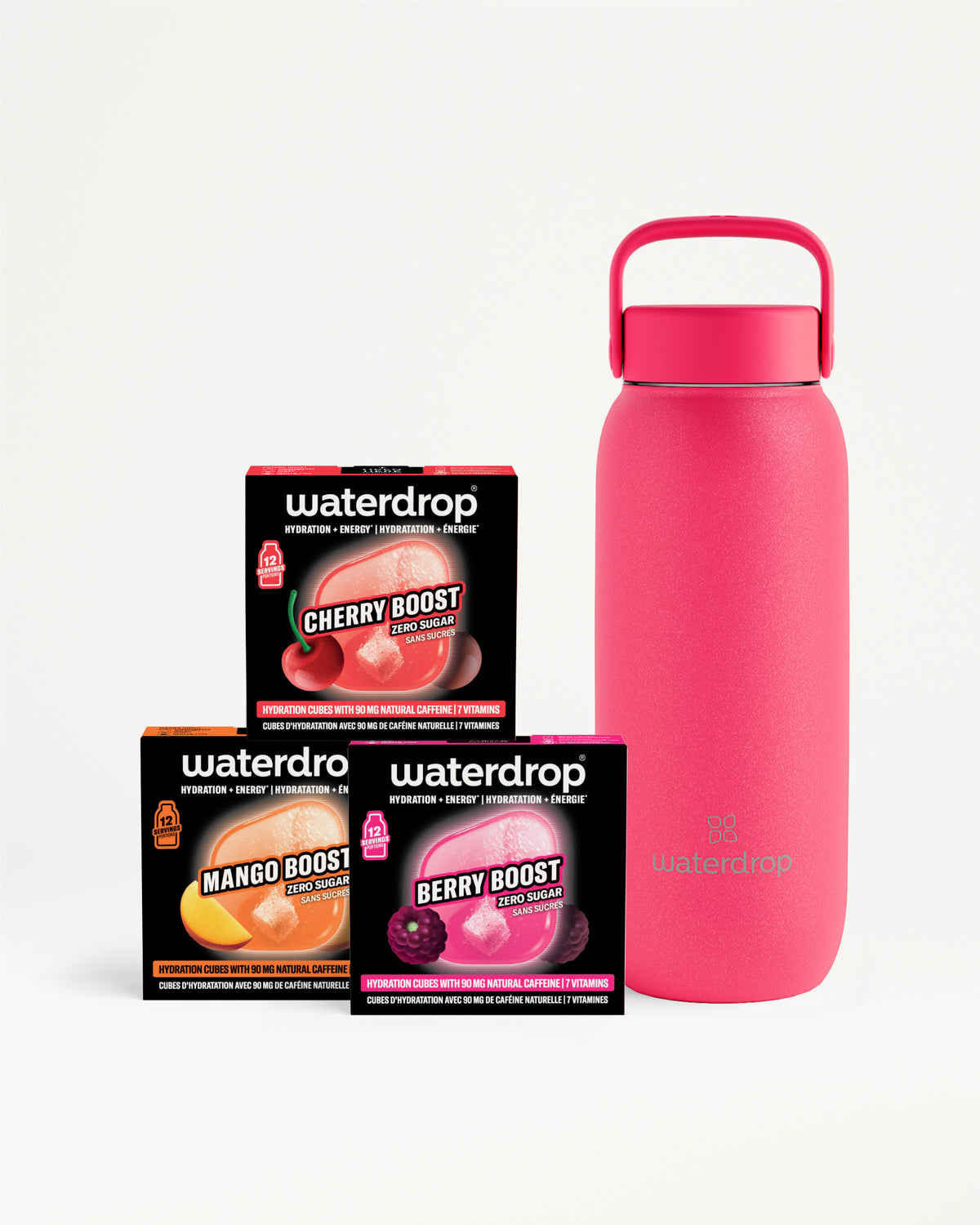 Botella rosa reutilizable junto a tres cajas pequeñas negras de Waterdrop.