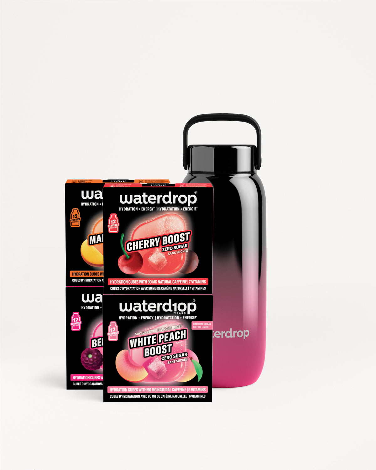 Conjunto de potenciadores de sabor Waterdrop y una botella con degradado rosa a negro.