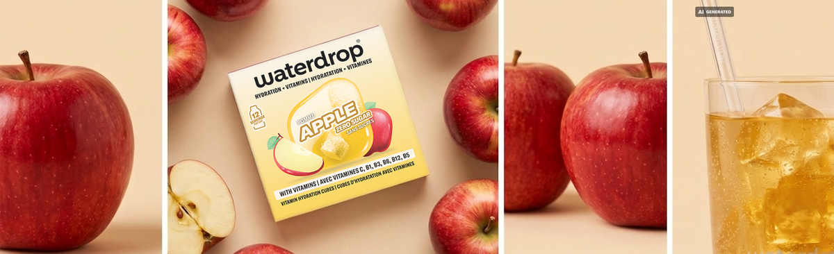 Colaje con manzanas rojas a los lados, una manzana en rodajas en el centro, un pequeño producto en caja y un vaso con bebida fría.