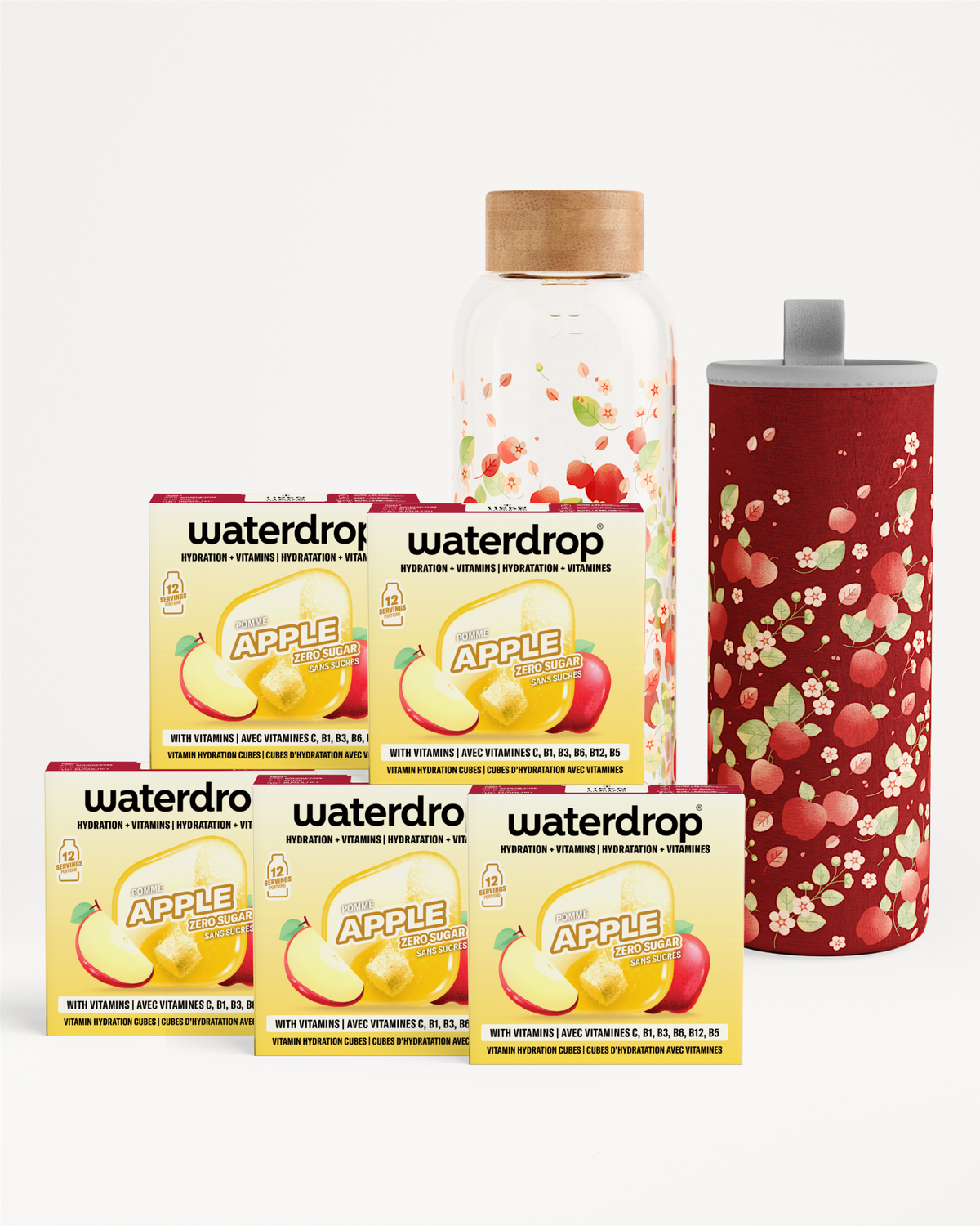 Conjunto de productos Waterdrop, cajas y botellas, una botella con tapa de madera y un termo rojo con diseño estampado.