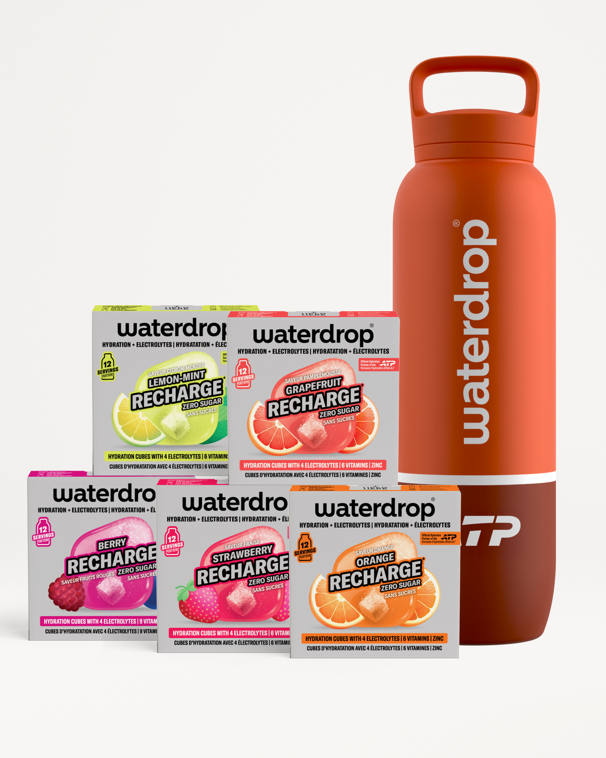 Caja de diferentes sabores Waterdrop Recharge junto a una botella naranja reutilizable.
