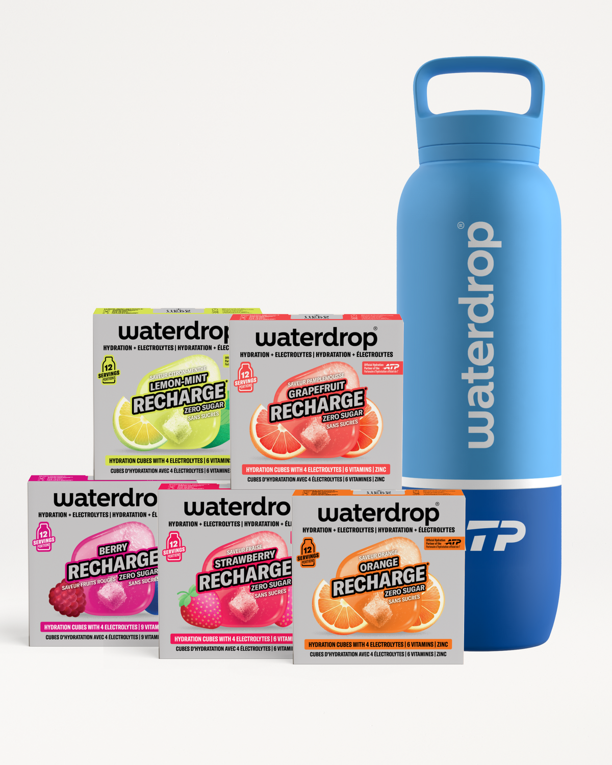 Botella reutilizable azul de Waterdrop con cuatro cajas de sabor Recharge.