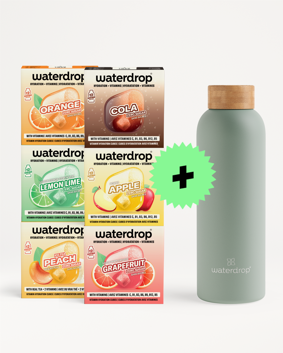 Cajas variadas de Waterdrop apiladas junto a una botella reutilizable verde claro y un signo más verde.