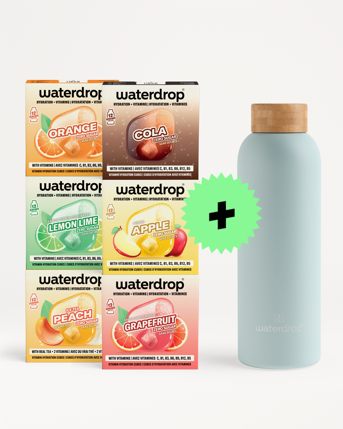 Cajas con sabores de Waterdrop dispuestas junto a una botella azul claro con tapa de madera y un símbolo más verde.