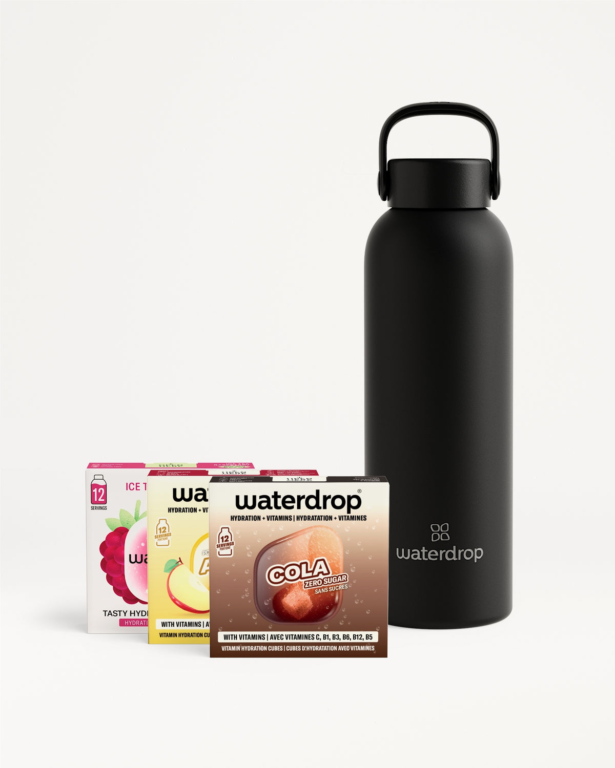 Botella negra aislante con asa junto a un conjunto de cajas de sabores para gotas.