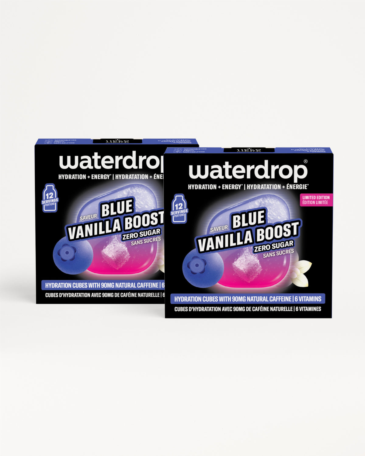 Dos cajas azules de cubos de hidratación Blue Vanilla Boost sobre fondo blanco.
