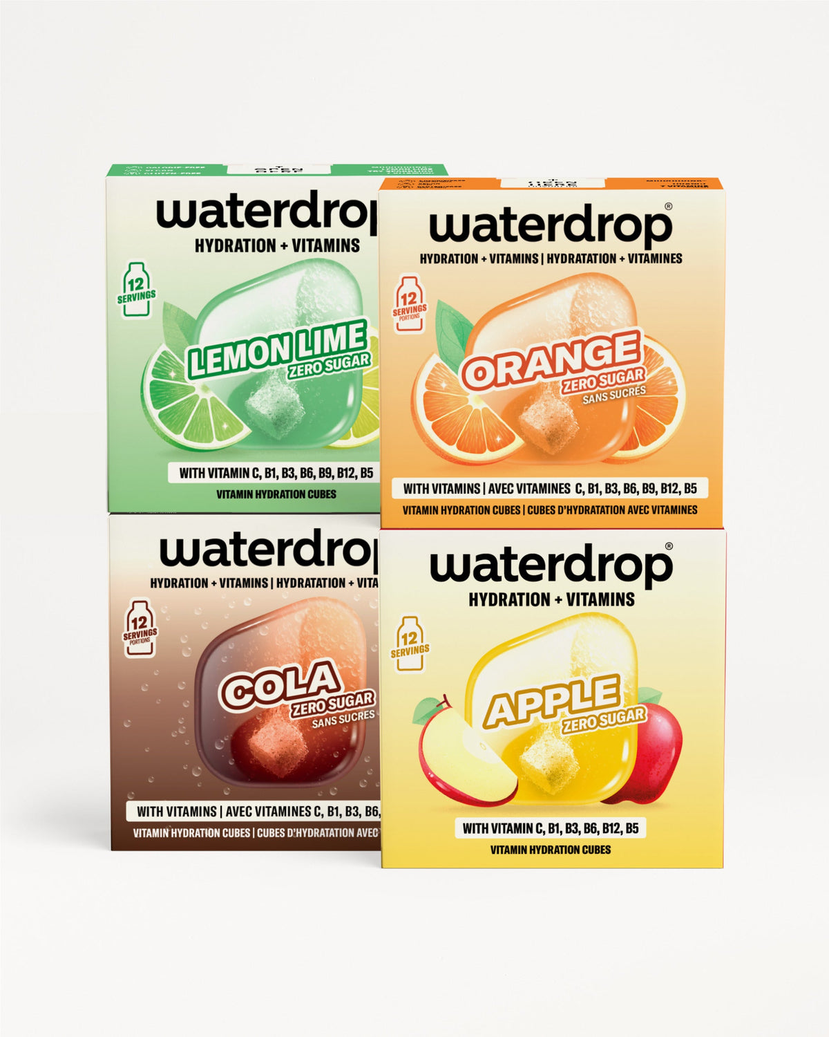Cuatro sobres Waterdrop para hidratación y vitaminas dispuestos en una cuadrícula 2x2.