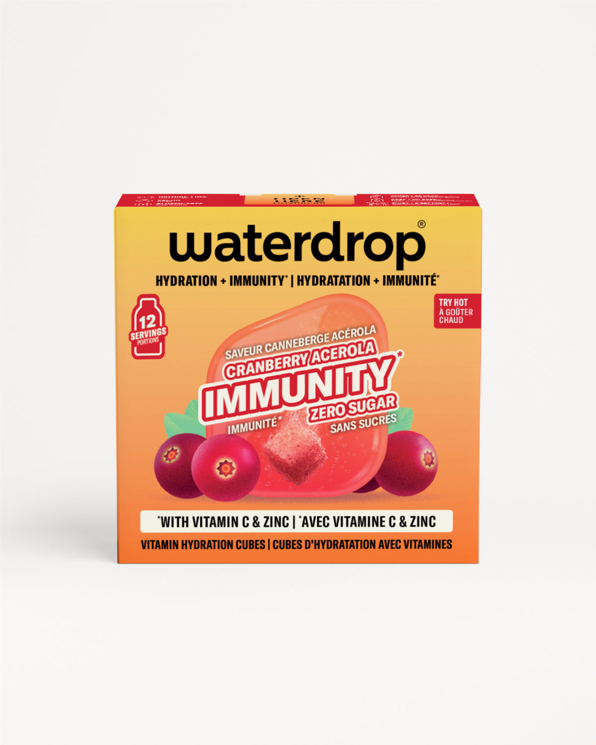 Caja amarilla-naranja de Waterdrop con imagen de arándano y tapa roja