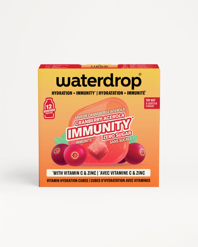 Caja amarilla-naranja de Waterdrop con imagen de arándano y tapa roja