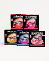 Conjunto de cajas Waterdrop de sabor Boost dispuestas en dos filas.