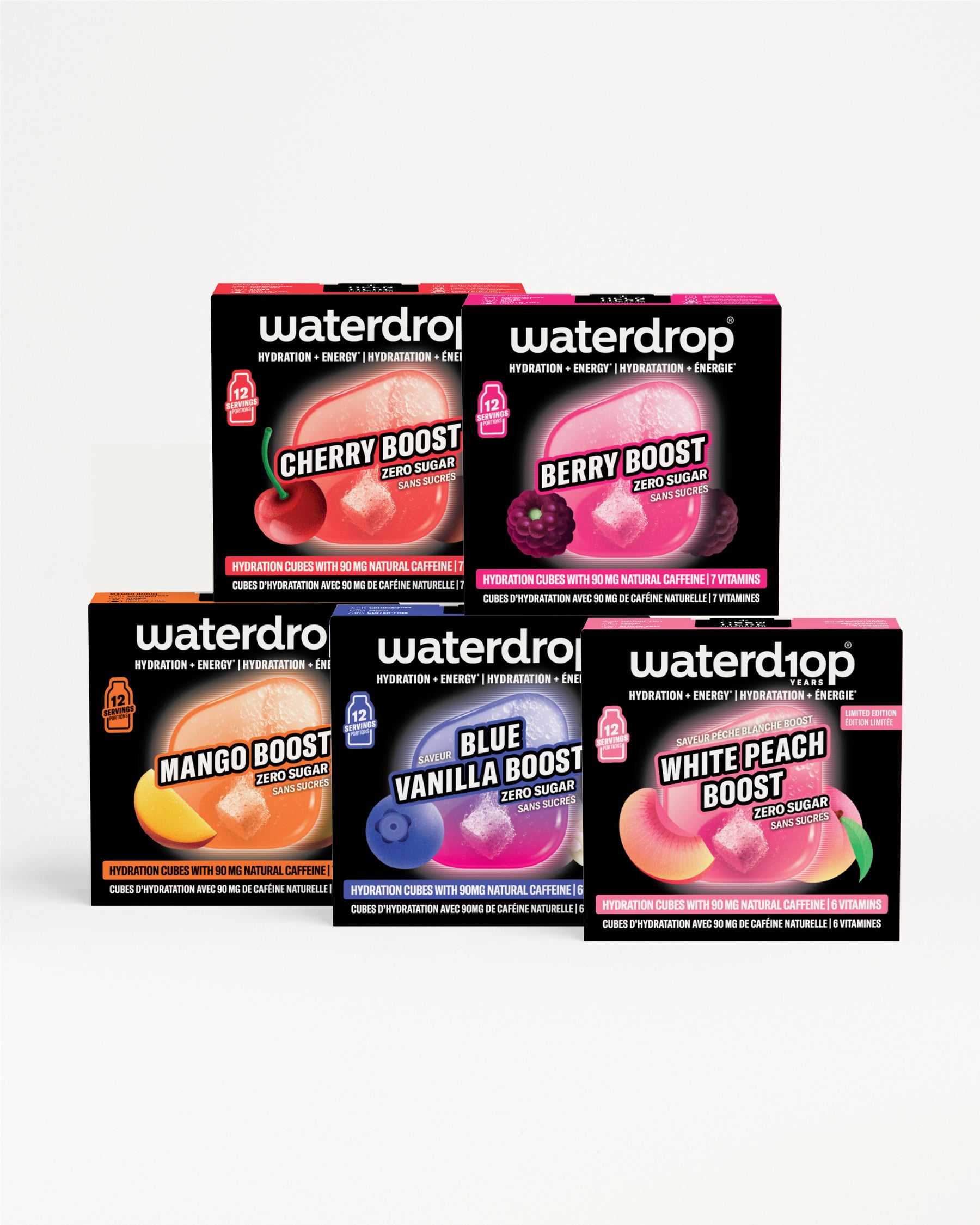 Conjunto de cajas Waterdrop de sabor Boost dispuestas en dos filas.