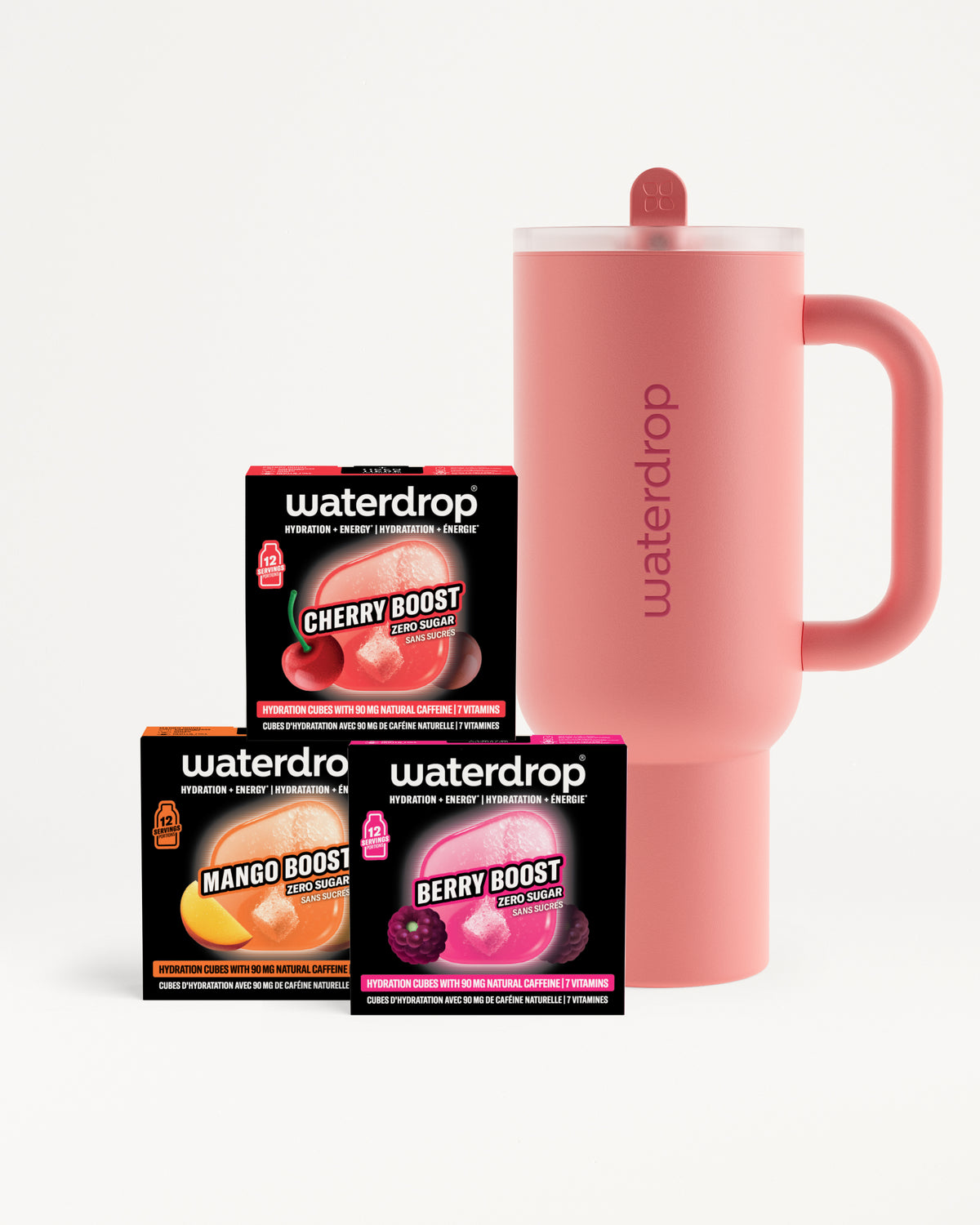 Botella rosa con asa junto a tres cajas negras de Waterdrop potenciadores de sabor.