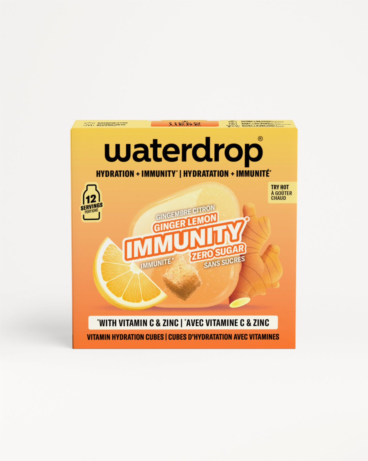 Caja naranja de Waterdrop para la inmunidad con imagen de limón y jengibre.