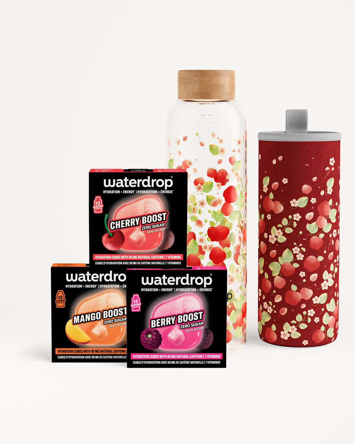 Conjunto de potenciadores de sabor Waterdrop con una botella de vidrio y un vaso rojo.