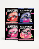 Cuatro cajas Waterdrop para hidratación dispuestas en una cuadrícula 2x2.