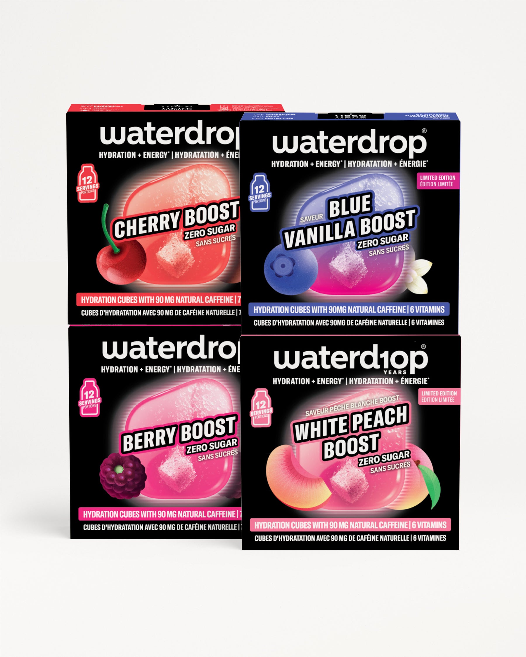 Cuatro cajas Waterdrop para hidratación dispuestas en una cuadrícula 2x2.