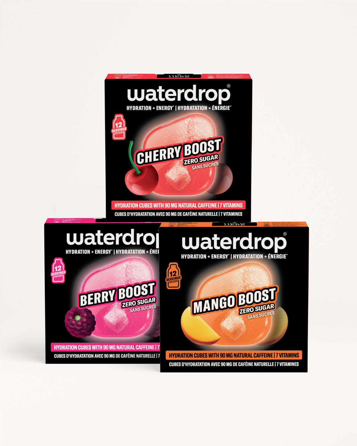 Tres cajas Waterdrop apiladas en forma de pirámide sobre fondo blanco.
