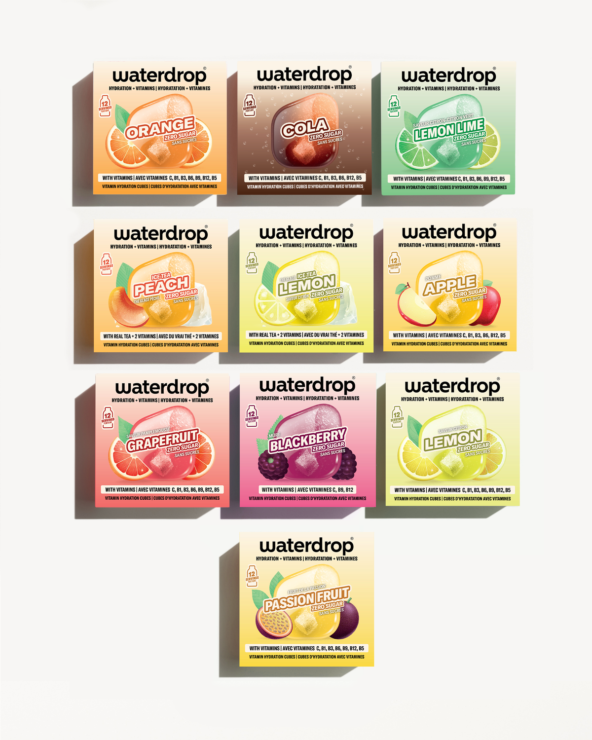 Variado de cajas de sabores Waterdrop dispuestas en una cuadrícula.