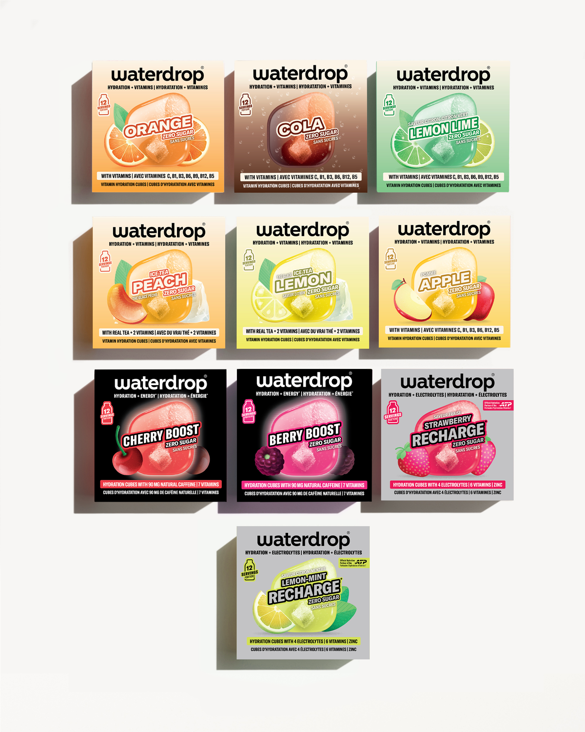 Conjunto de cajas de sabores de Waterdrop dispuestas en una pirámide.