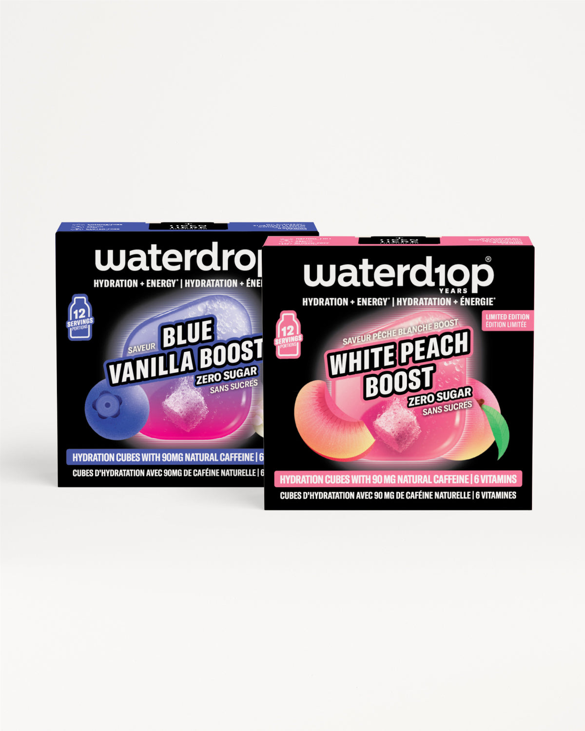 Dos cajas de Waterdrop de hidratación colocadas juntas sobre un fondo blanco, una con tema azul y la otra rosado.