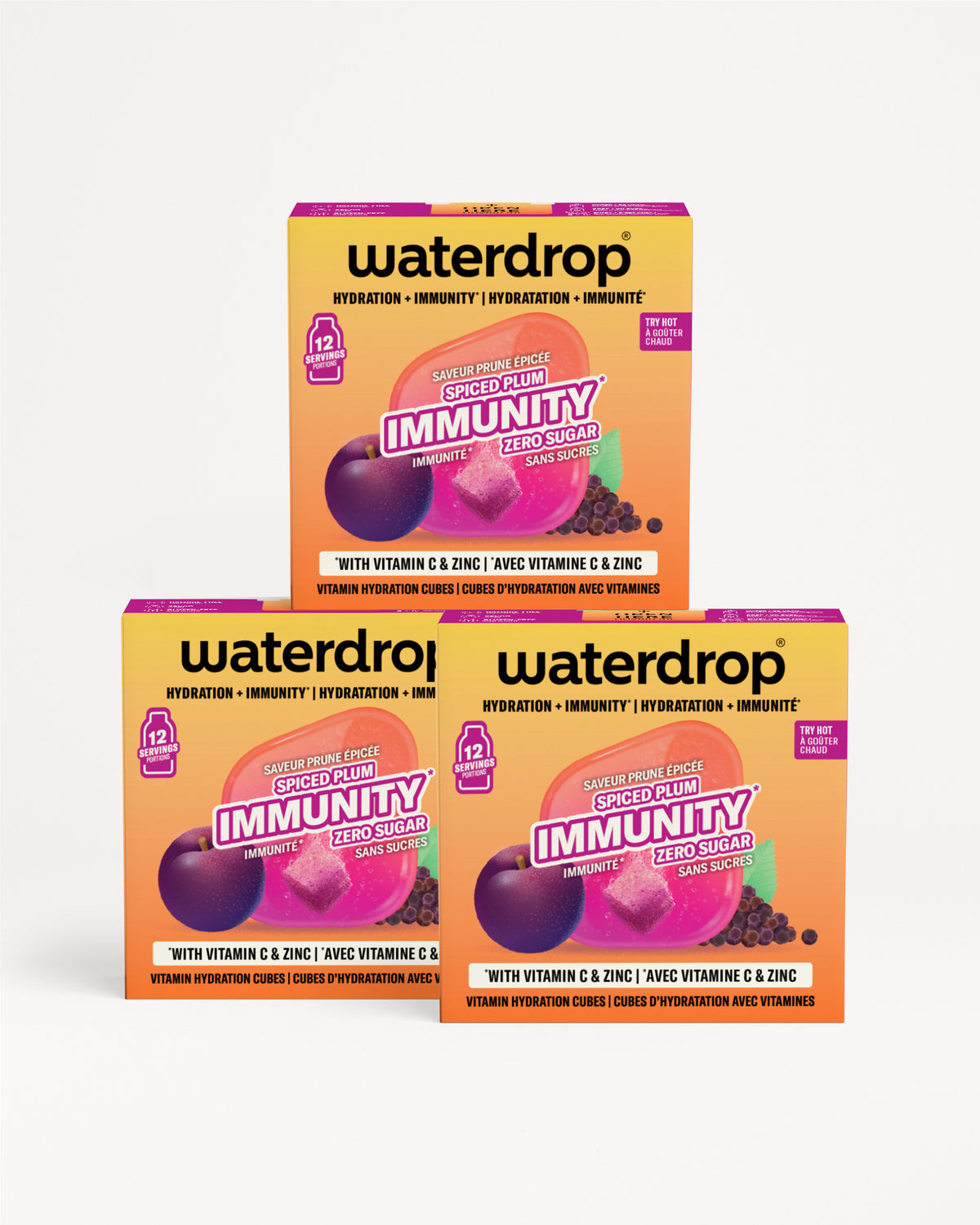 Tres cajas de Waterdrop apiladas en forma triangular.