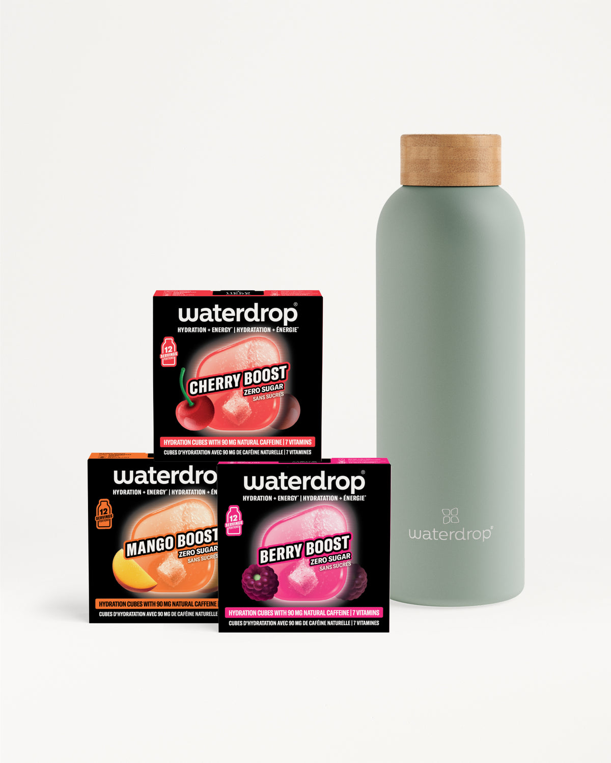 Tres cajas Waterdrop Boost sabores dispuestas delante de una botella gris clara con tapa de madera.