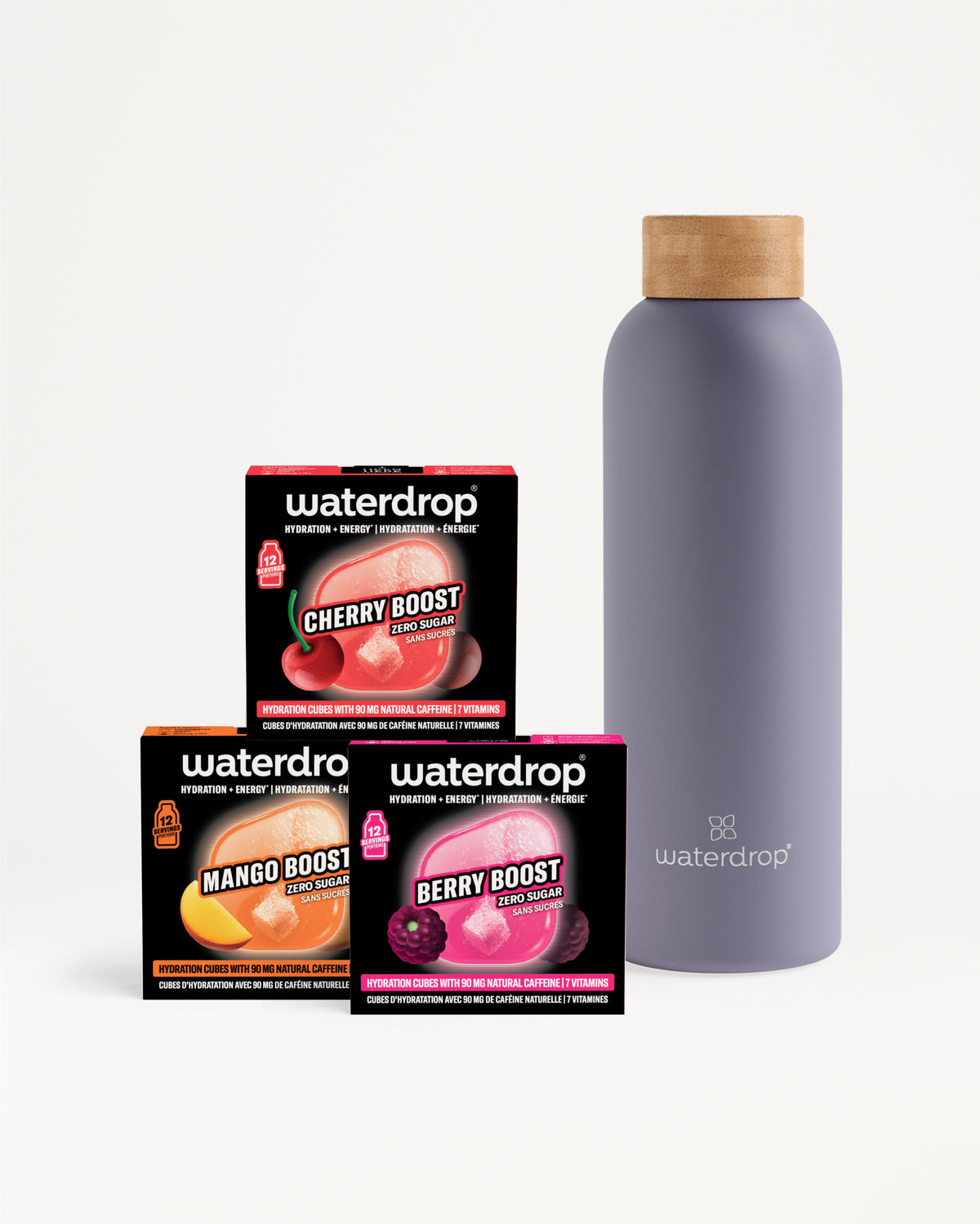 Selección de tres cajas Waterdrop Boost junto a una botella morada con tapón de madera.