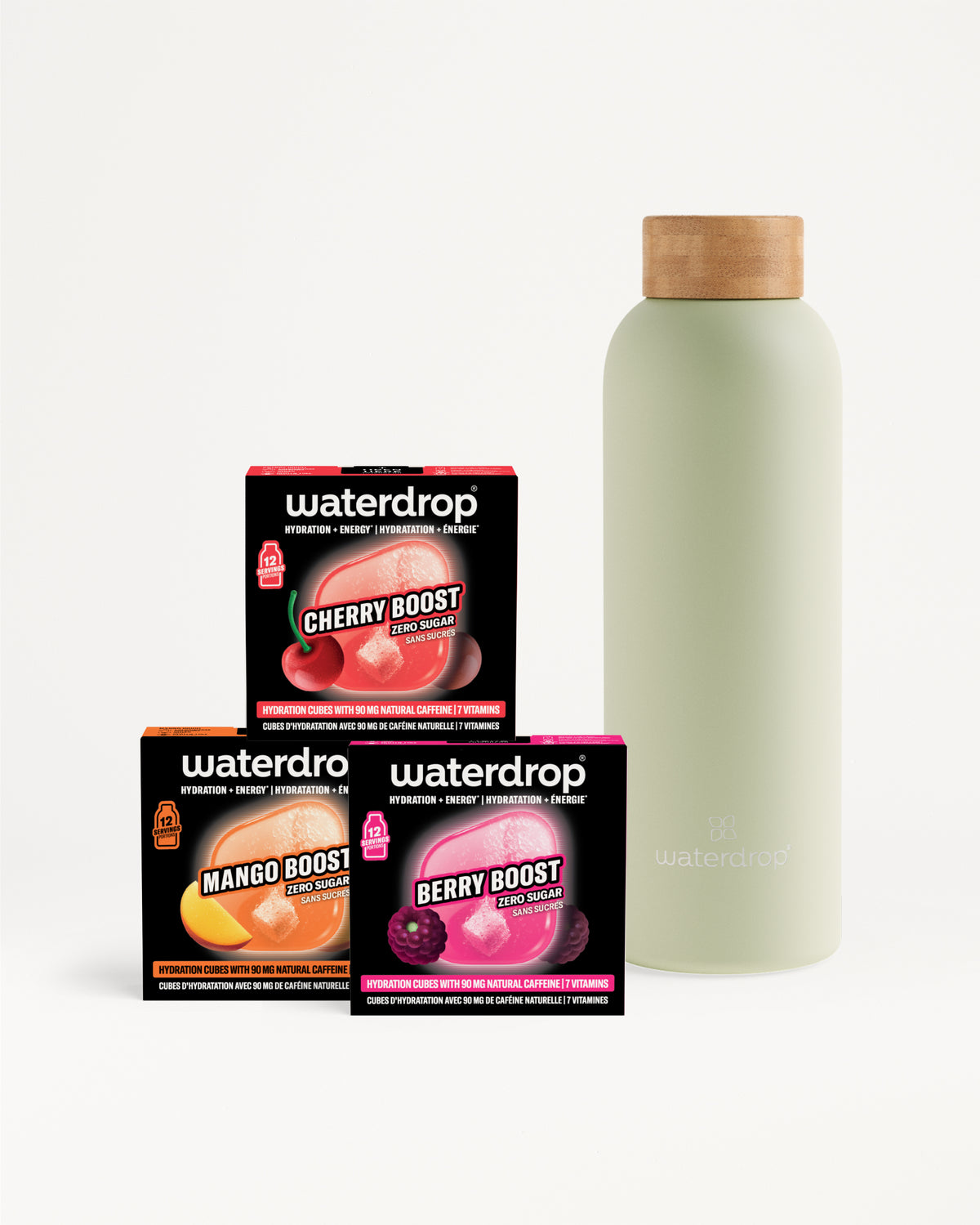 Tres cajas Waterdrop booster (Cherry, Mango y Berry) junto a una botella verde clara con tapa de madera.