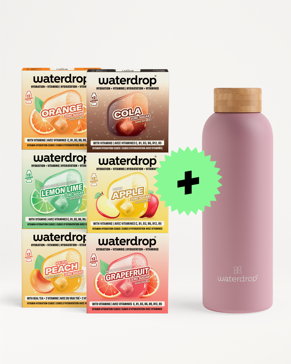 Seis cajas de mezclas Waterdrop junto a una botella rosa y un signo más verde que indica un pack.