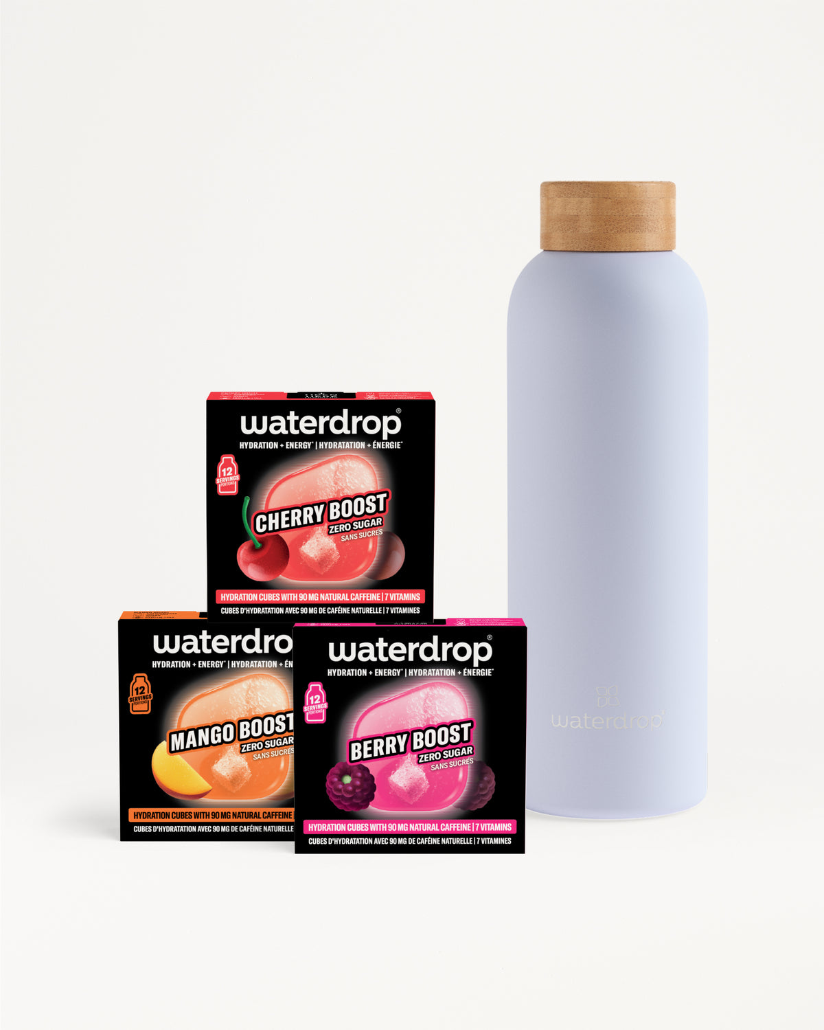 Cajas variadas de Waterdrop apiladas junto a una botella alta de color lila claro con tapa de corcho.