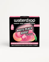 Pequeña caja negra de Waterdrop White Peach Boost cubos de hidratación sin azúcar.